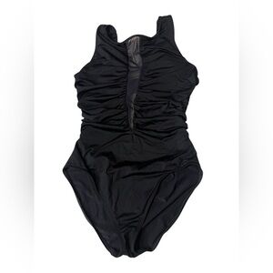 La Blanca Sheer and Present Danger Black One Piece Ruched Swimsuit Sz 10